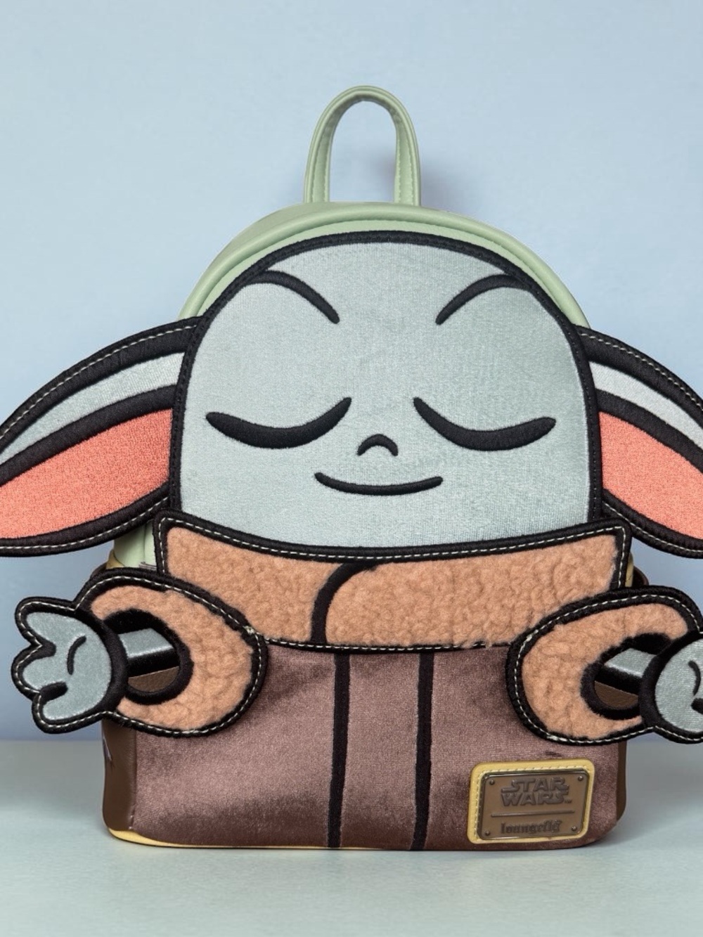 Loungefly  Grogu Applique Mini Backpack — Sage Green, Brown, Peach